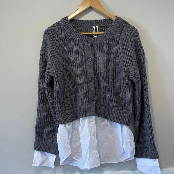 Anthropologie Dark Gray Cropped Knit Twofer Shirt Cardigan Sweater Size Small - Picture 2 of 7